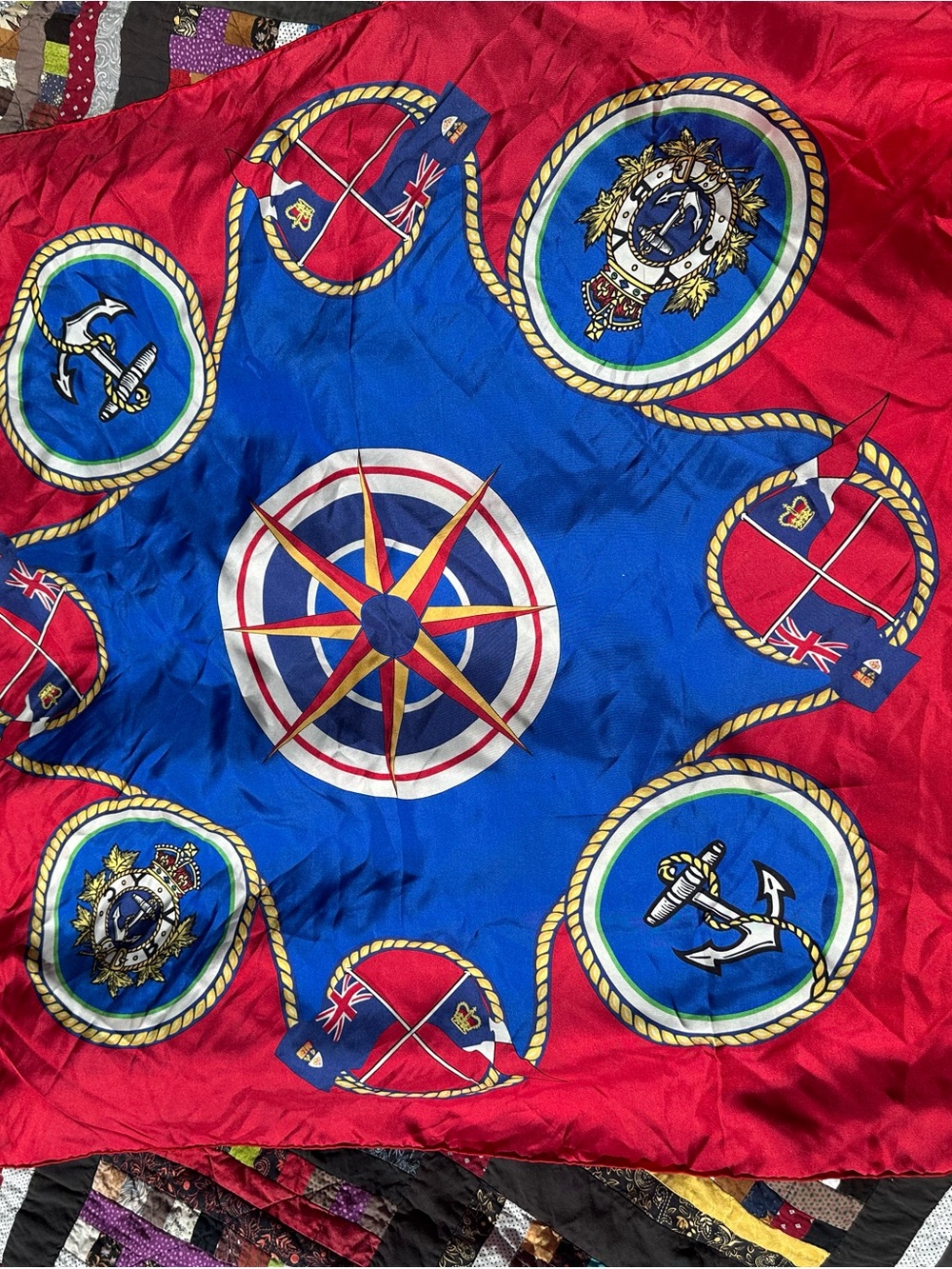 Vintage British Maritime Navy Nautical Print Silk Scarf in Red & Blue